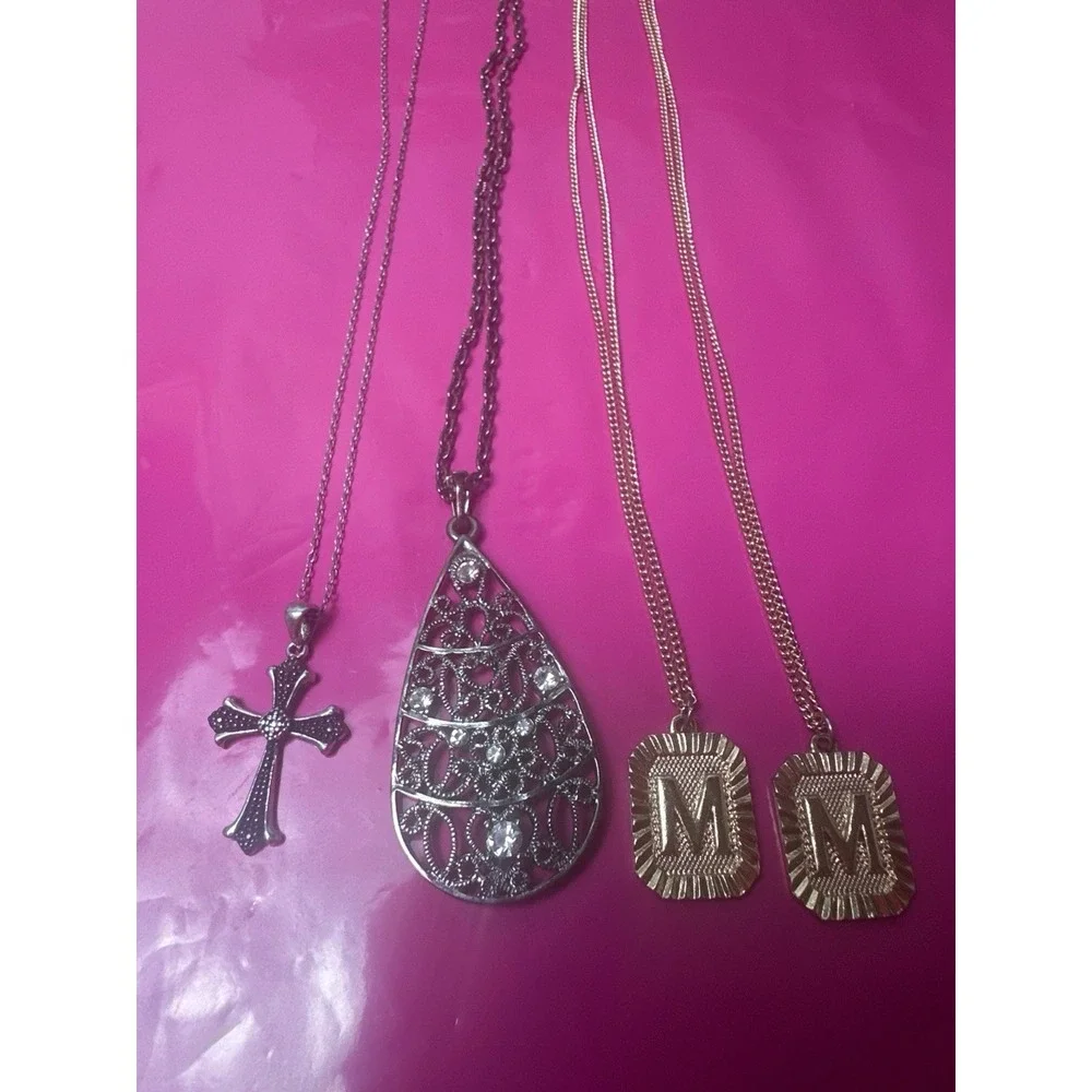 Lot of 4 Necklaces Claire's Initial M Tear Drop Cross 925 Sterling Silver JCM